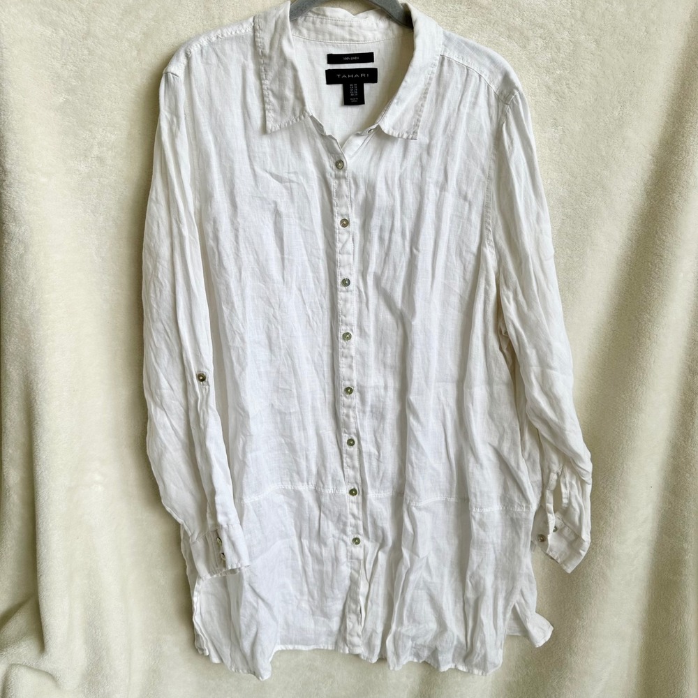 Tahari 100% Linen White Button Down Tunic Shirt Roll Tab Sleeve Plus 1X